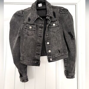 Puff shoulder Black Distressed Denim Jacket